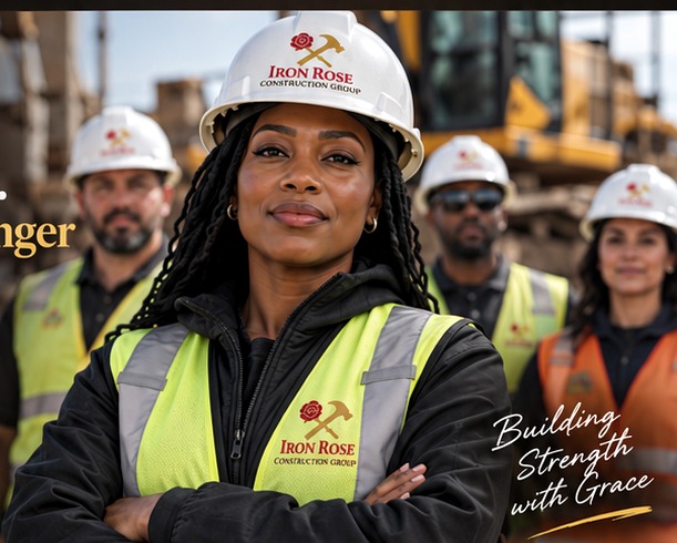 Black woman construction professional with a diverse crew on an active jobsite